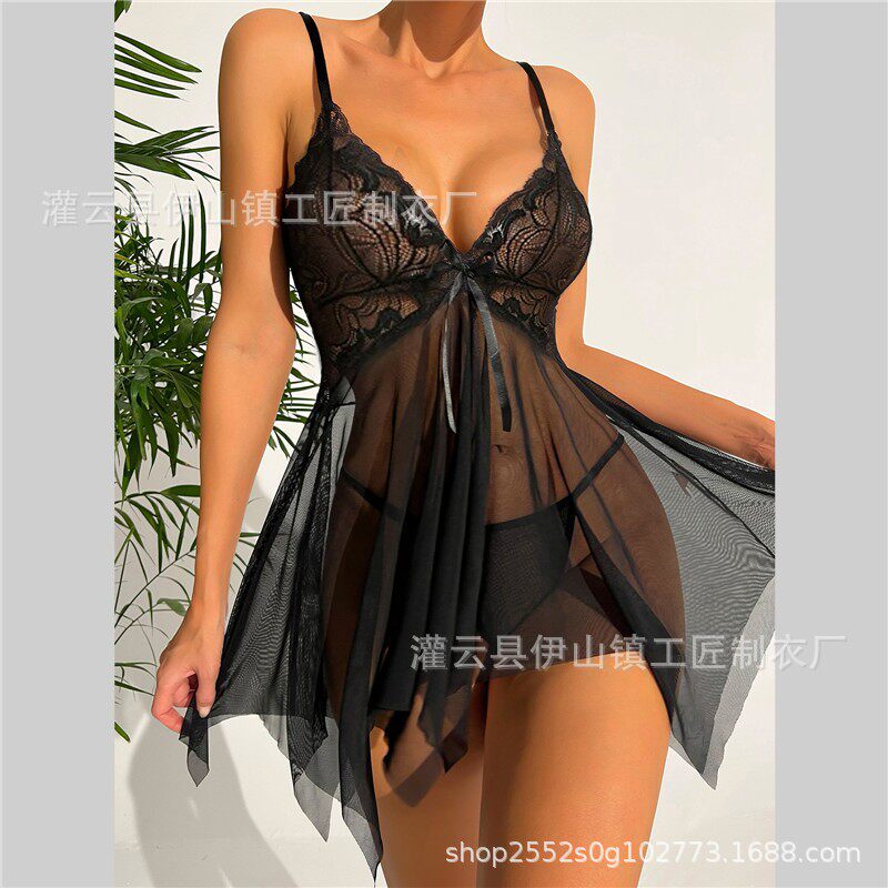 跨境欧美亚马逊速卖通夏女蕾丝网纱性感情趣内衣套装诱惑吊带睡衣