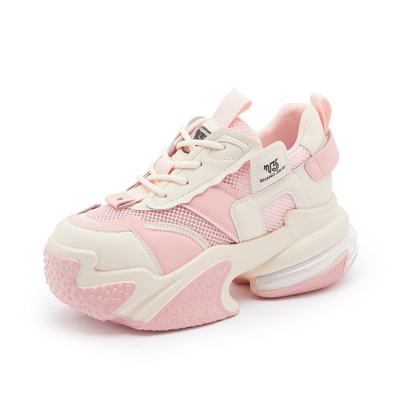 Giày sneaker nữ chunky đế dày da bò thật phối lưới thoáng khí, gót siêu cao 8 cm, tăng chiều cao — Trắng, đen, Xám, Hồng