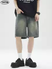LKTM Men's Summer American Vintage Cleanfit 5-Point Denim Shorts - Loose Fit Unisex Casual Shorts