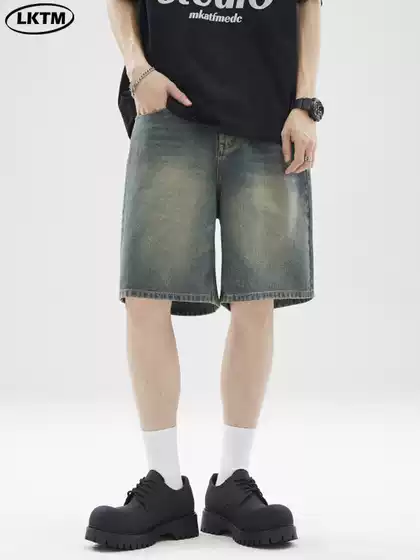 LKTM Men's Summer American Vintage Cleanfit 5-Point Denim Shorts - Loose Fit Unisex Casual Shorts