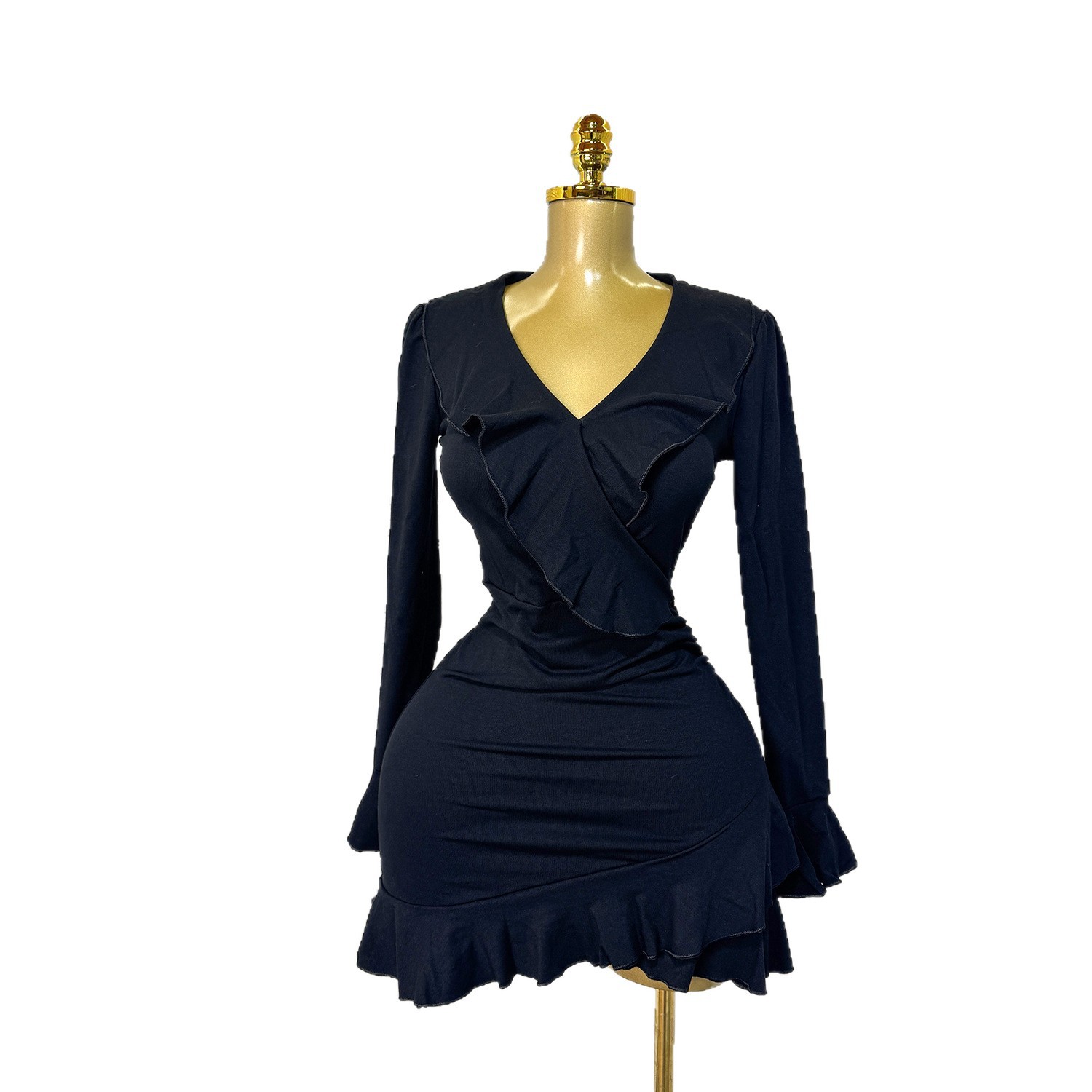 V Neck Ruffled Hem Long Sleeve Dress Slim Fit Bodycon Elegant Style Perfect for Spring and Autumn Wholesale