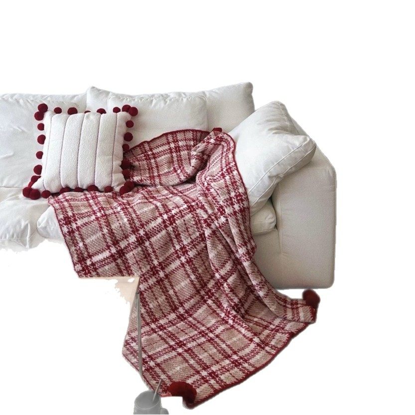 Class a Maternal and Infant New Year Red Checkered Half-Fluffy Blanket Atmosphere Ball Blanket Red Autumn and Winter Christmas Thickened Sofa Blanket