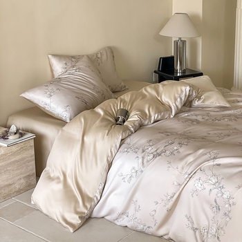 60 Lanjing Tencel Bed Four-Piece Set High-Level Feeling Printed Bedding Ice Silk Bed Sheet Silk Summer Cool Quilt Cover Bed Cover