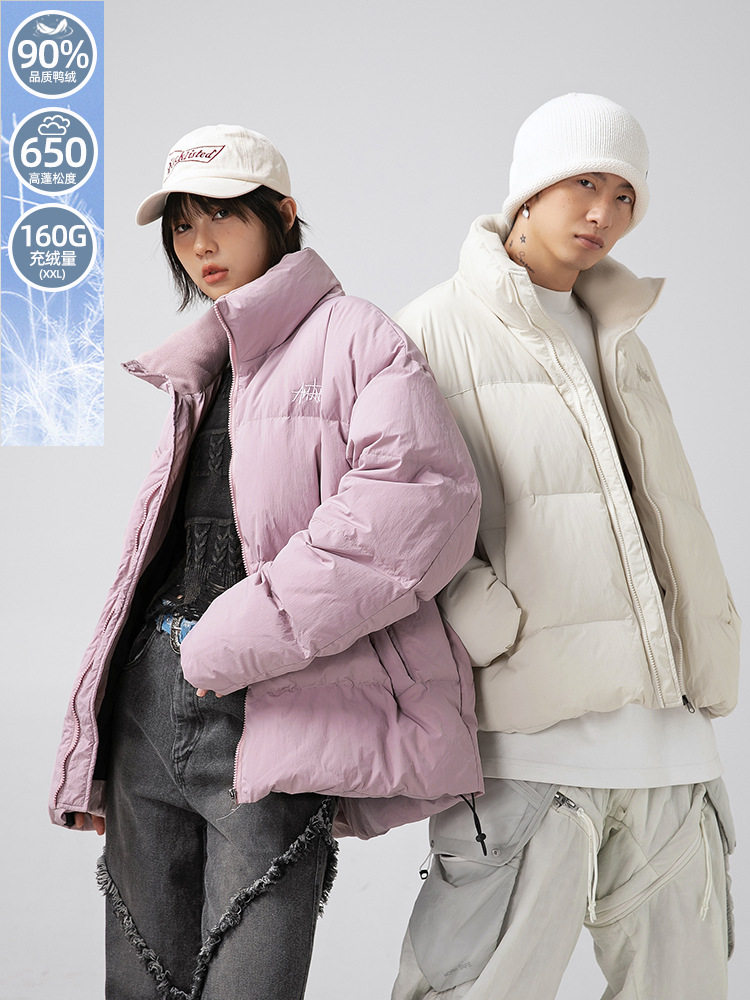 90 Velvet Couple Thickeneded down Jacket Men's 2024 Winter New Trendy Brand Embroidered Short Stand-Up Collar Bread Jacket Q