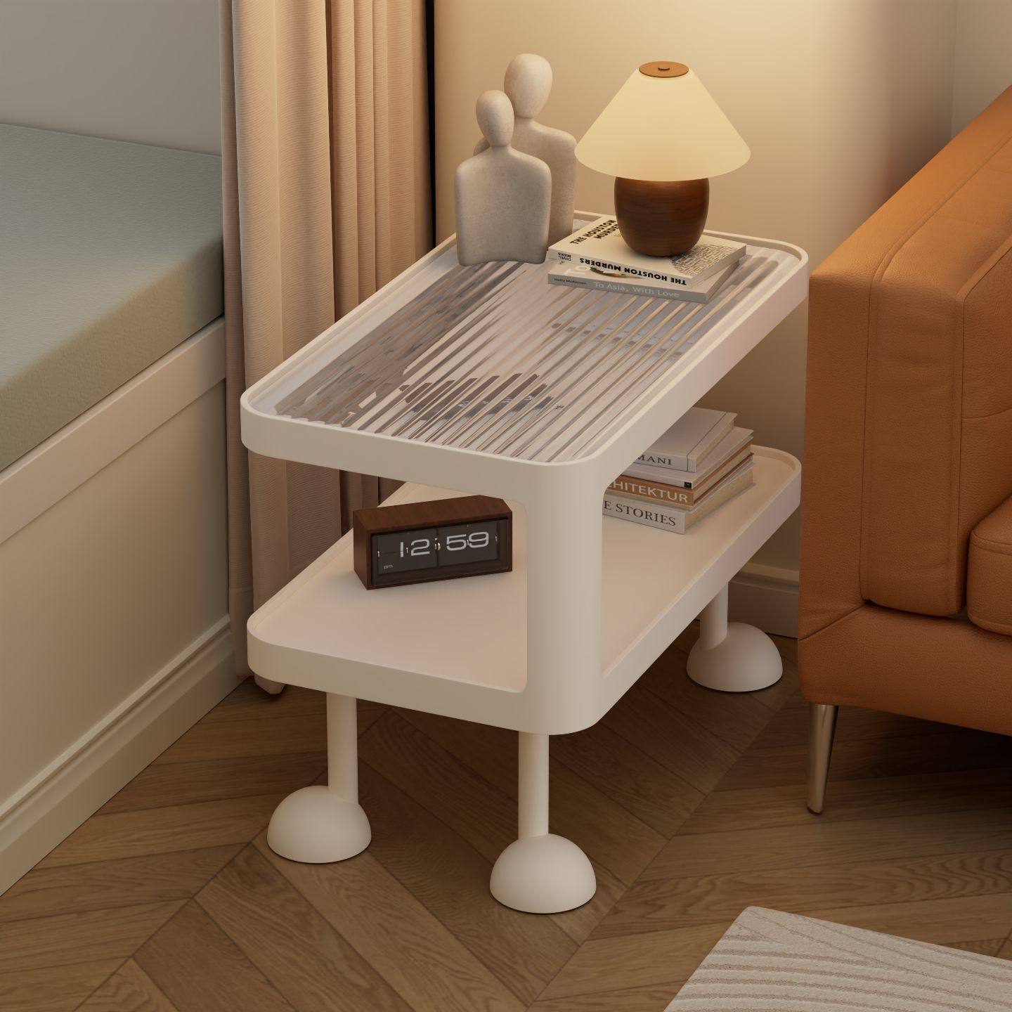 Cute Cream Style Rectangular Bedside Table with Lamp for Home Bedroom Bedside Cabinet Storage Shelf Small Coffee Table Simple