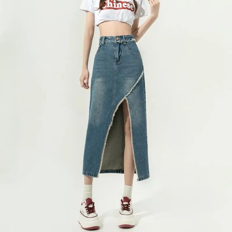 High Waisted A Line Denim Skirt Vintage Style Irregular Hem Mid Length Flattering Fit Spring Fashion Wholesale