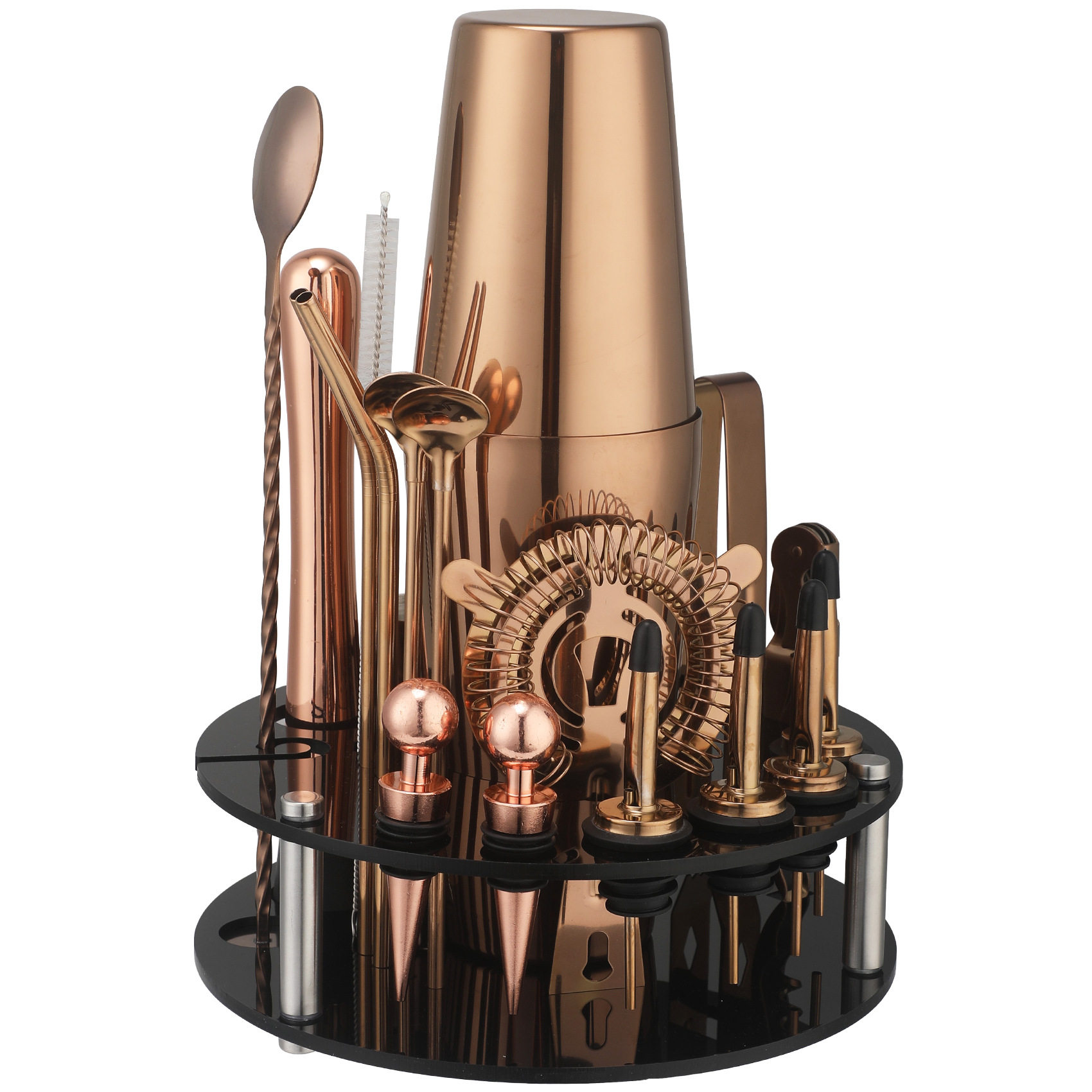 Rotating Round Black Acrylic Shaker Cup Set Anti-Fall Cocktail Shaker Bar Tool Set 20 Pieces