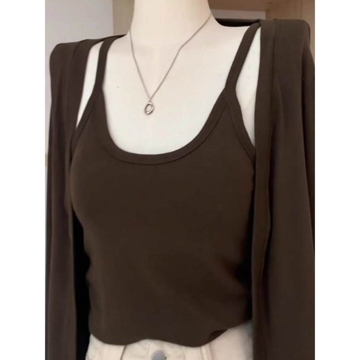 Modal Cotton Spring Sleeveless Suspender Cardigan Two-Piece Suit for Women Slimming Look Shawl Long-Sleeved Slim Top Outer Wear