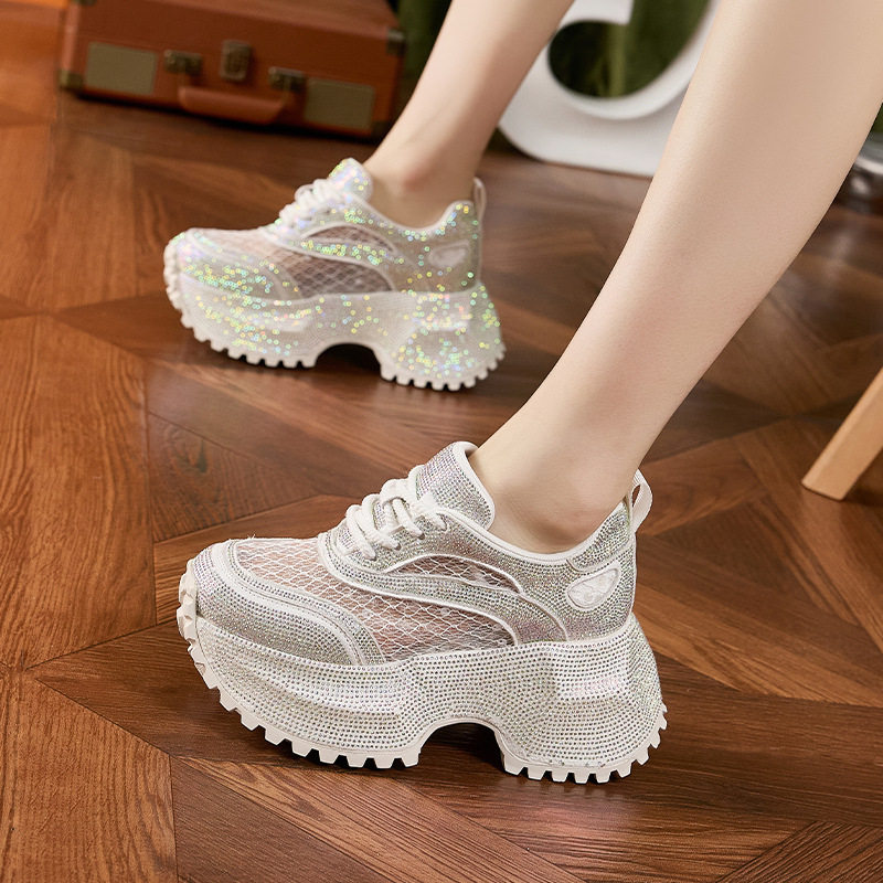 Sandal cao gót nữ hở mũi đính đá rhinestone, gót siêu cao 8 cm, quai trước dây buộc — Xám bạc, Trắng, Đen