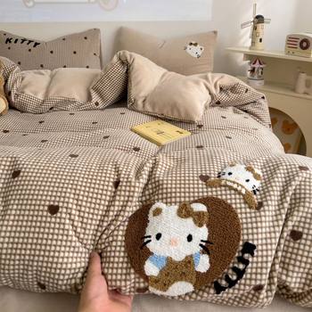 Ins Cute Princess Towel Embroidery Four-Piece Set, Fresh Milk Velvet Winter Thickened Coral Fleece Three-Piece Bedding Set