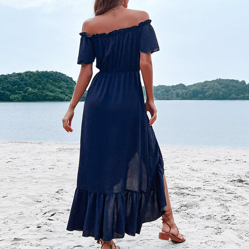 Off Shoulder Irregular Hem Dress Solid Color Summer Vacation Style Lightweight Fabric Wholesale Available
