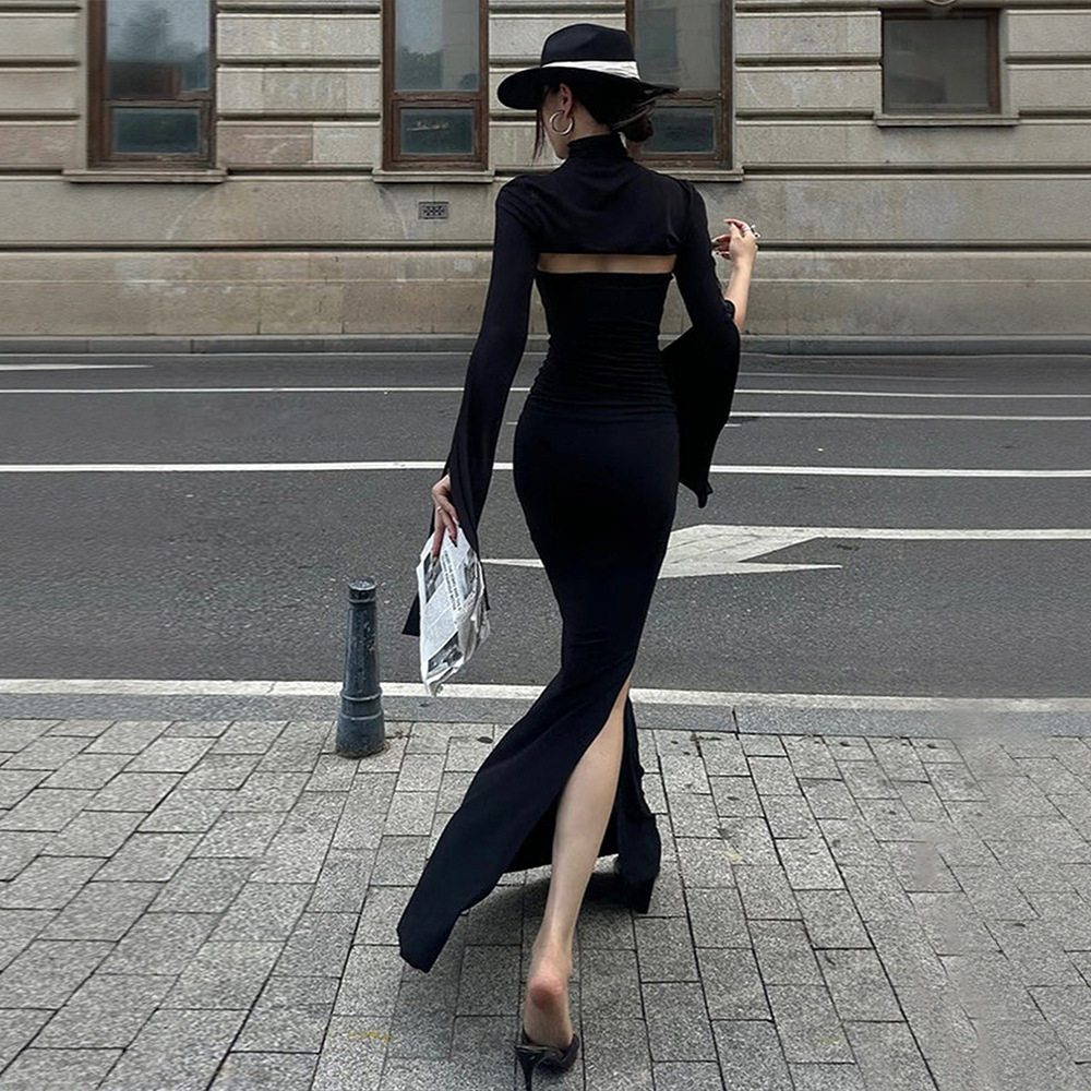 Black Fishtail Dress Slim Fit High Neck Hollow Out Side Split Elegant Evening Wear Wholesale Available