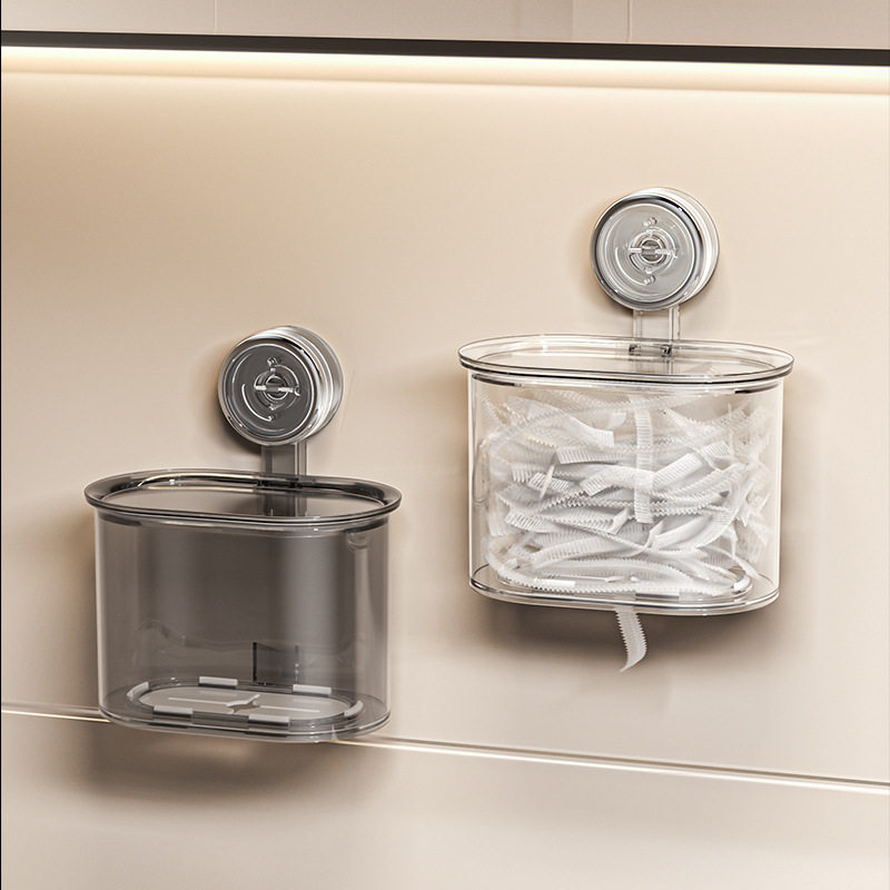 Suction Cup Cling Film Storage Box, No-Drill Household Kitchen Wall-Mounted Disposable Cling Film Bag Storage Transparent Storage Box