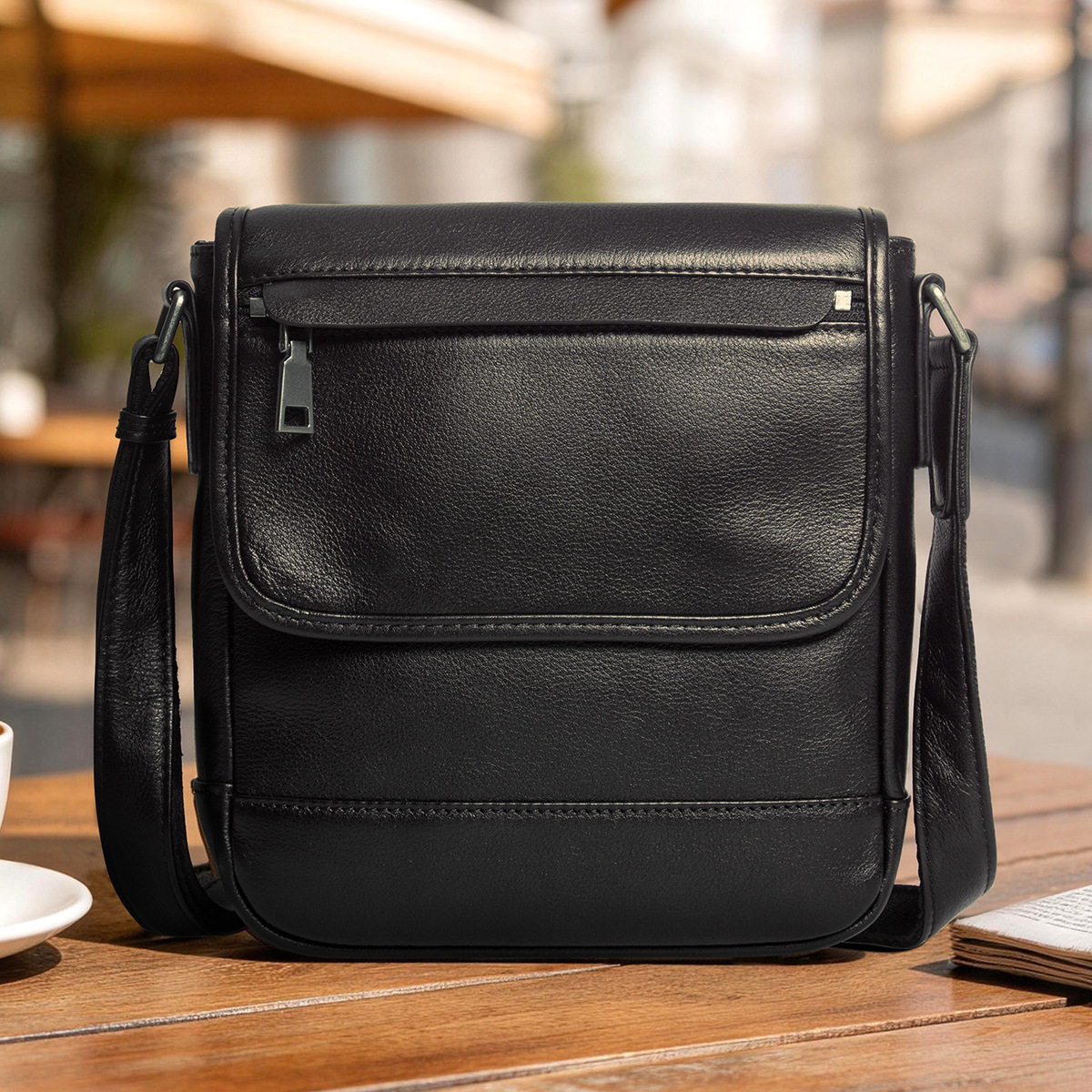 Túi đeo chéo nam da bò thật nắp gập kiểu messenger đựng vừa máy tính bảng 8 inch — màu đen