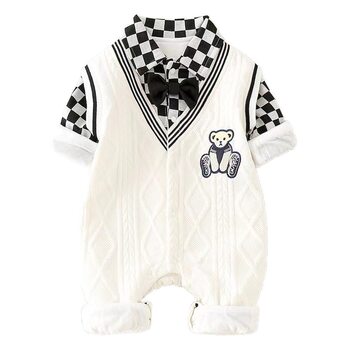 Newborn Infant Spring and Autumn Double-layer jumpsuit Boys and Girls Baby Spring and Autumn Clothes Gentleman Handsome Going Out Climbing Clothes