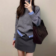 Kaning Korean Style Gray Soft Knit Two-Piece Sweater for Women 2025 Autumn New Elegant Casual Sweater Coat