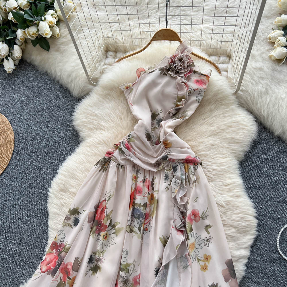 Floral Print Asymmetrical Neckline Dress 3D Flower Design Waist Defining Elegant Split Hem Perfect for Summer Events