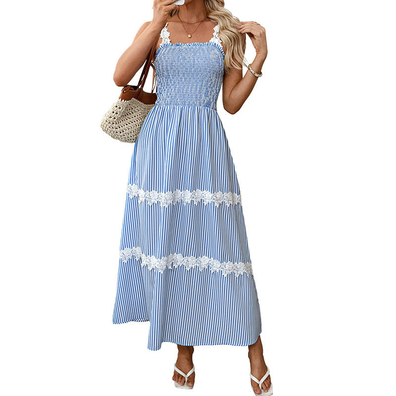 French Style Striped Lace Maxi Dress Sleeveless Flowy Elegant Design Perfect for Summer Events Wholesale Available