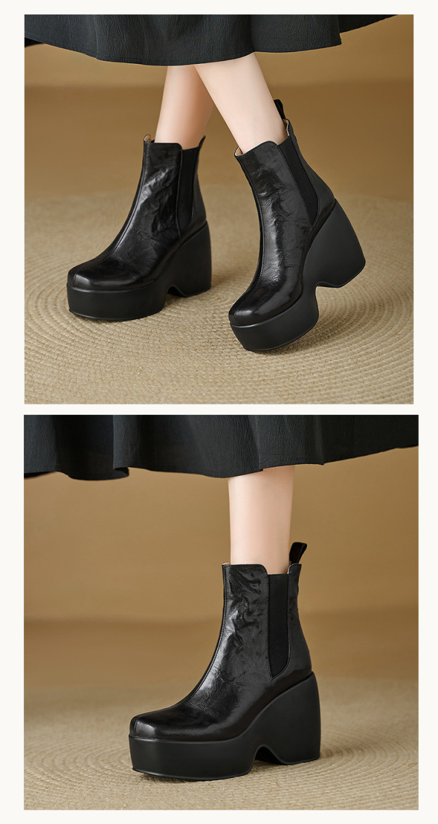 Boot nữ cổ ngắn đế dày gót xuồng mũi tròn da cừu phong cách cổ điển — màu đen, Màu nâu
