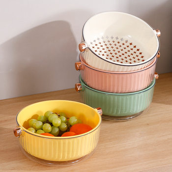 Double-layer Vegetable Drain Electroplating Beautiful Golden Handle Drop-resistant Water Filter Kitchen Household Plastic Vegetable Washing Basket Fruit Basin