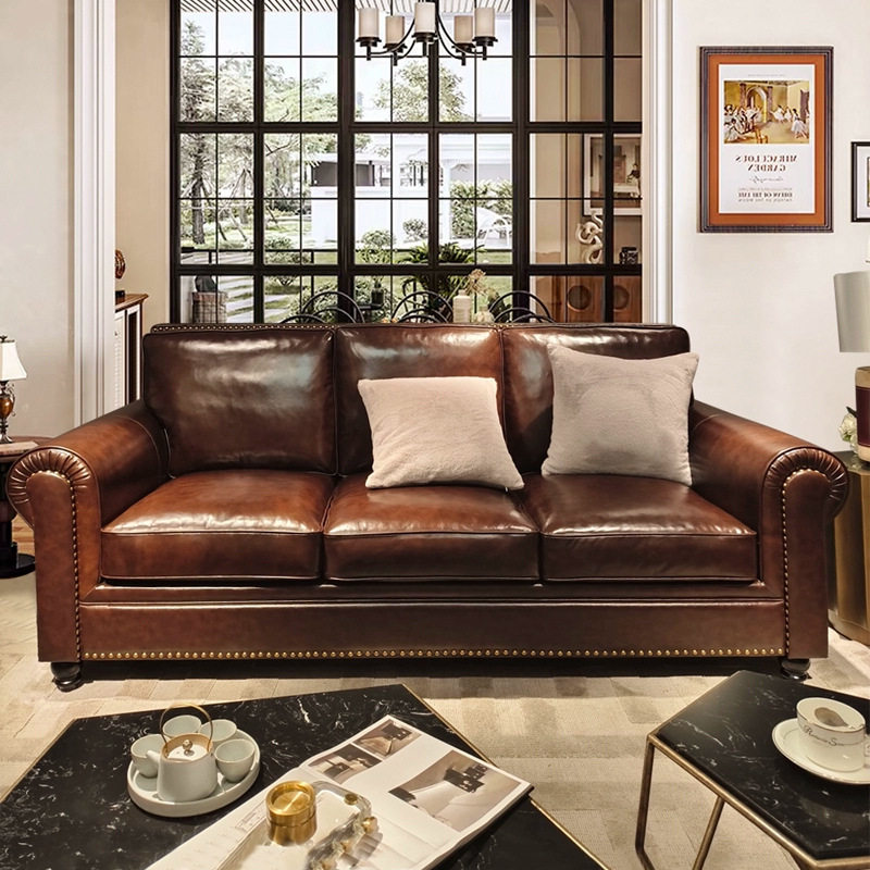 大巴顿美式沙发真皮复古意大利头层牛皮客厅2025新款棕色家具组合