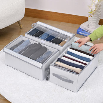 Clothing and Pants Storage Box with Lid, Dustproof, Large Capacity Wardrobe Organizer, Clothing and Jeans Compartmentalized Storage Box for Bedroom Organization