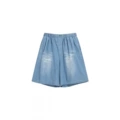 Distressed lettered denim shorts