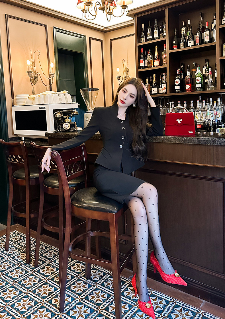 Đầm công sở nữ dáng Hepburn phong cách Pháp, bộ hai chiếc dài tay thanh lịch — Màu đen
