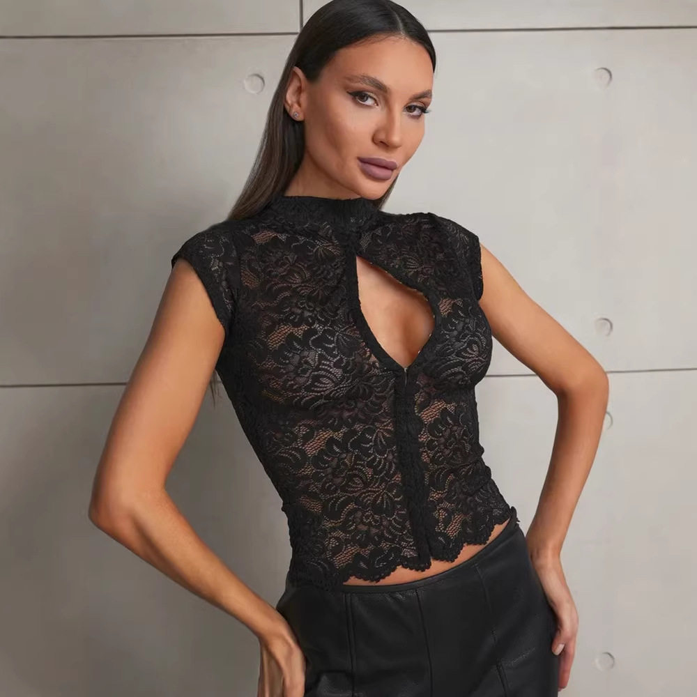 Lace Sheer Button Up Top Slim Fit Elegant Design Sexy Style Perfect for Evening Wear Wholesale Available