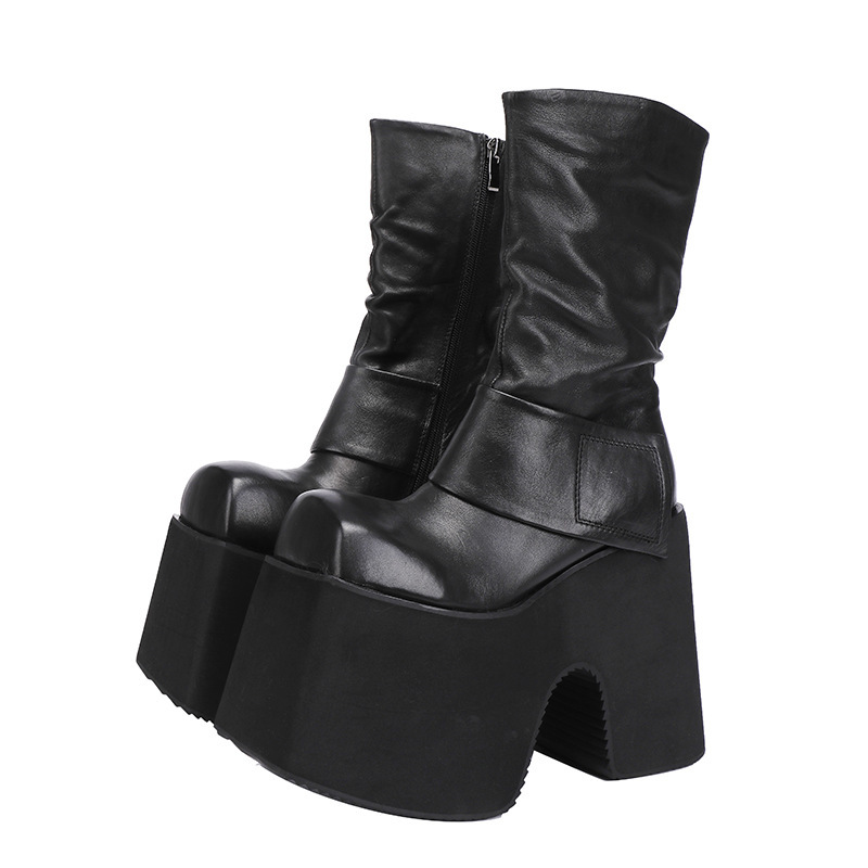 Boot nữ cổ trung gót cao đế dày da bò thật tôn dáng — Màu đen