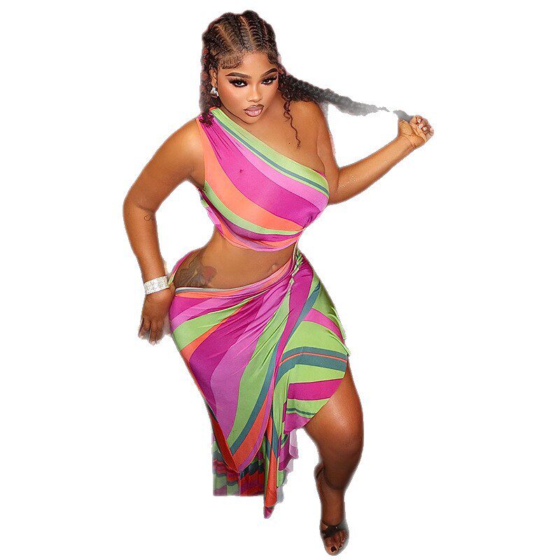 Fashionable Womens Rainbow Print Bodycon Dress Asymmetrical Neckline Summer Beach Style Wholesale Available