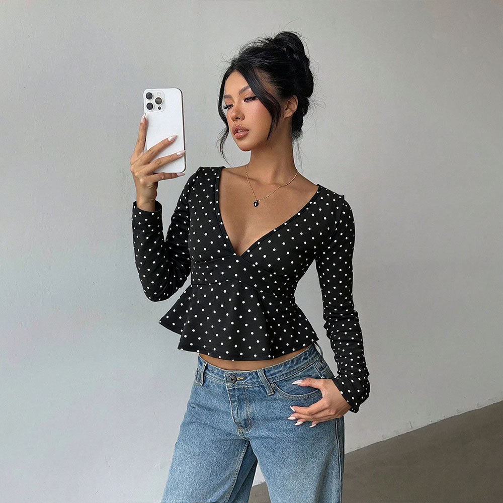Polka Dot V Neck Long Sleeve T Shirt for Women Slim Fit Waist Cinching Lightweight Casual Wear or Layering
