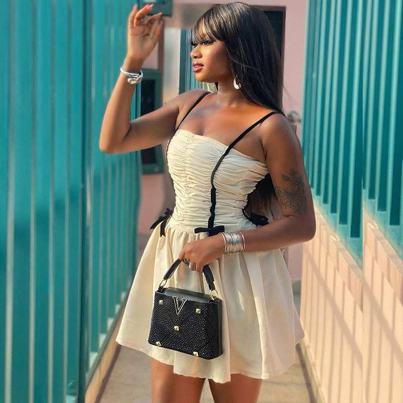 Black and White Color Block A Line Dress Ruffled Strapless Fashionable Minimalist Style Perfect for Casual Outings