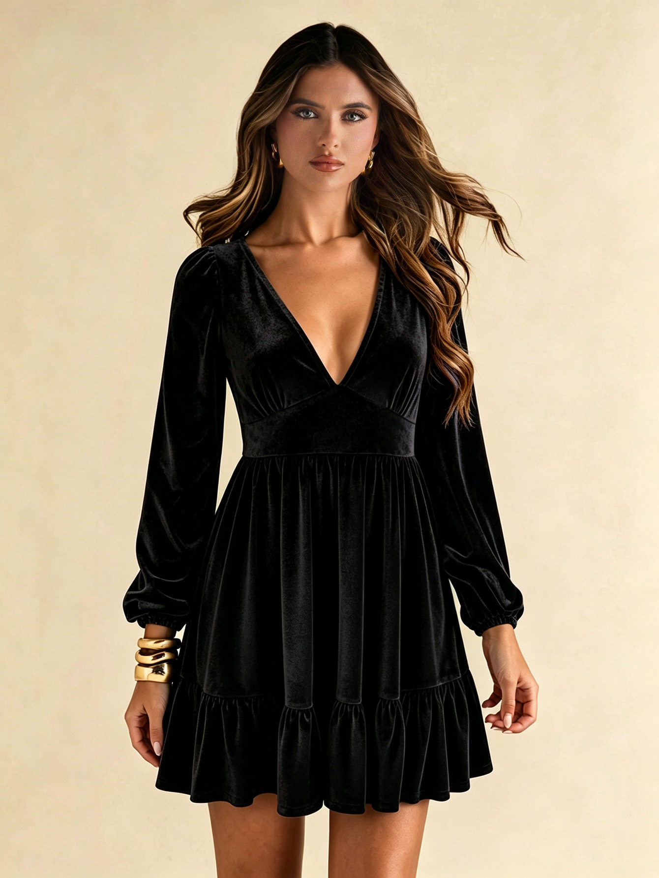 Velvet Long Sleeve Dress for Women V Neck Slim Fit Ruffled Hem Elegant Evening Wear Wholesale Available