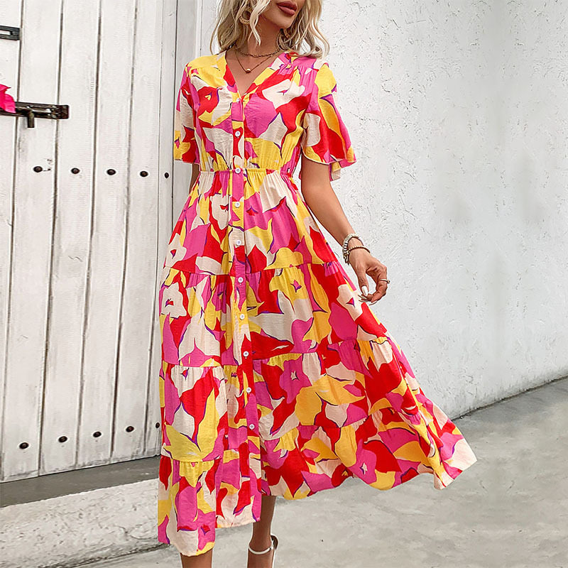 Abstract Print Ruffled Sleeve Cardigan Dress Vibrant Romantic Casual Style Perfect for Spring Summer Events