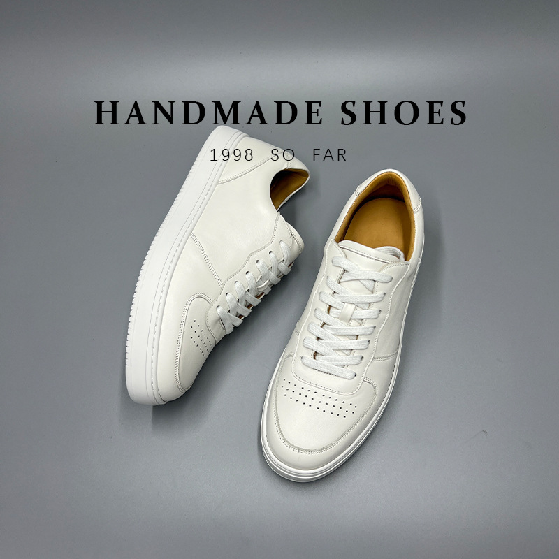 Giày sneaker nam da bò lớp đầu tiên đế bằng đệm khí cổ điển dễ phối — Màu nâu, Màu đen, Màu trắng