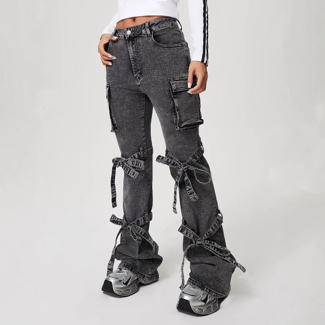 Womens Straight Leg Denim Cargo Pants Mid Rise Large Pockets Casual Style Wholesale Available