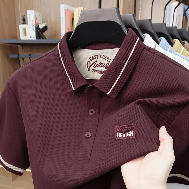 Áo polo nam tay ngắn cotton lưới co giãn thoáng khí chống nhăn — Màu đỏ táo tàu, màu đen, Mễ Hạnh, Xanh tím than