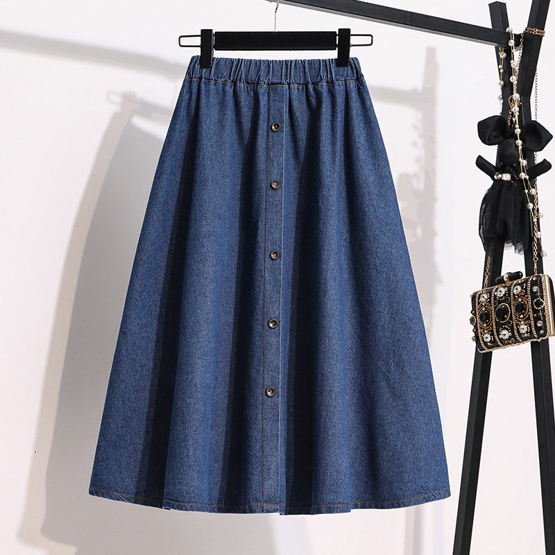 Summer Denim Skirt Button Front Elastic Waist Water Blue Casual Street Style for Students Wholesale Available