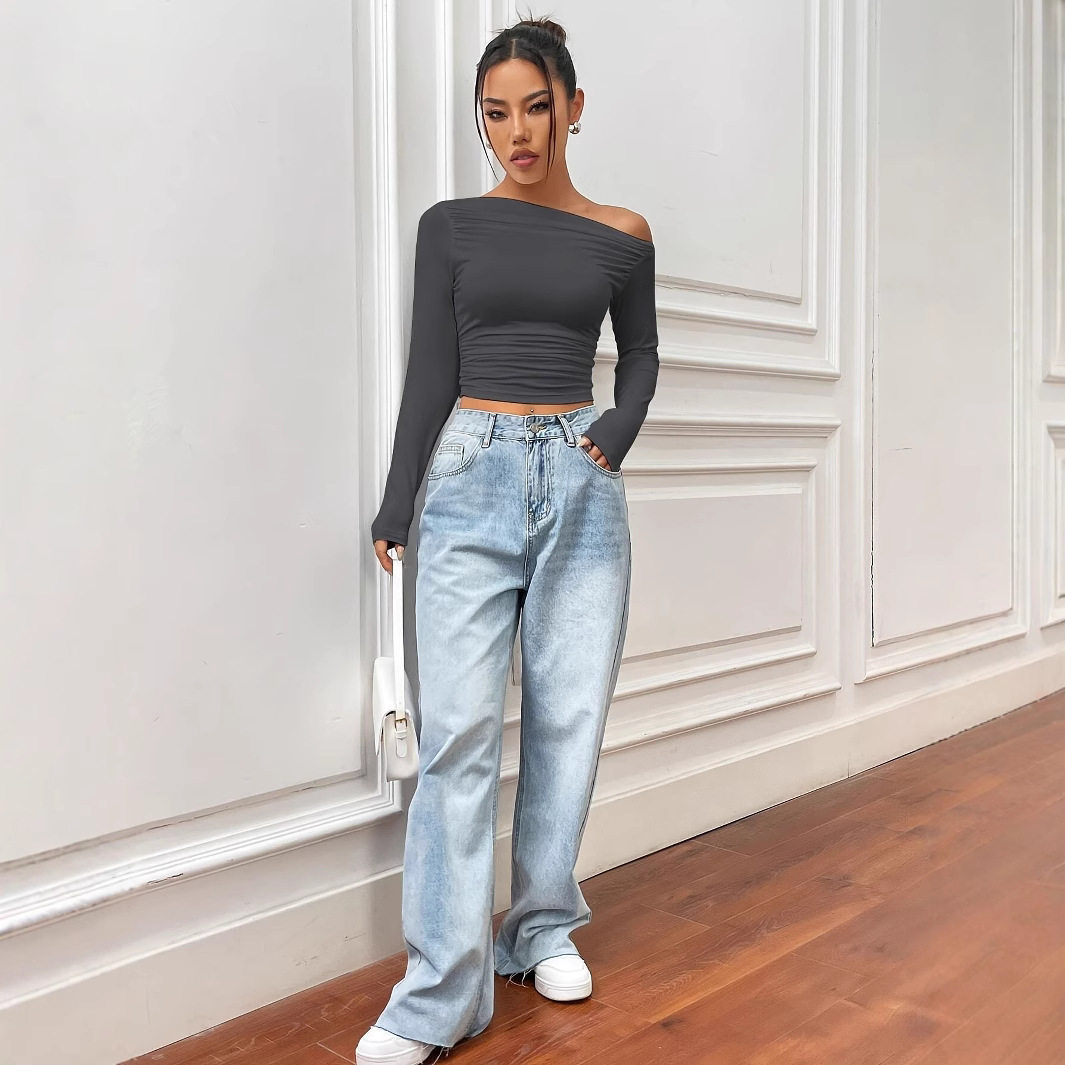 Slim Fit Asymmetrical Long Sleeve Womens T Shirt Versatile Design Pleated Detail Spring Summer Style Wholesale