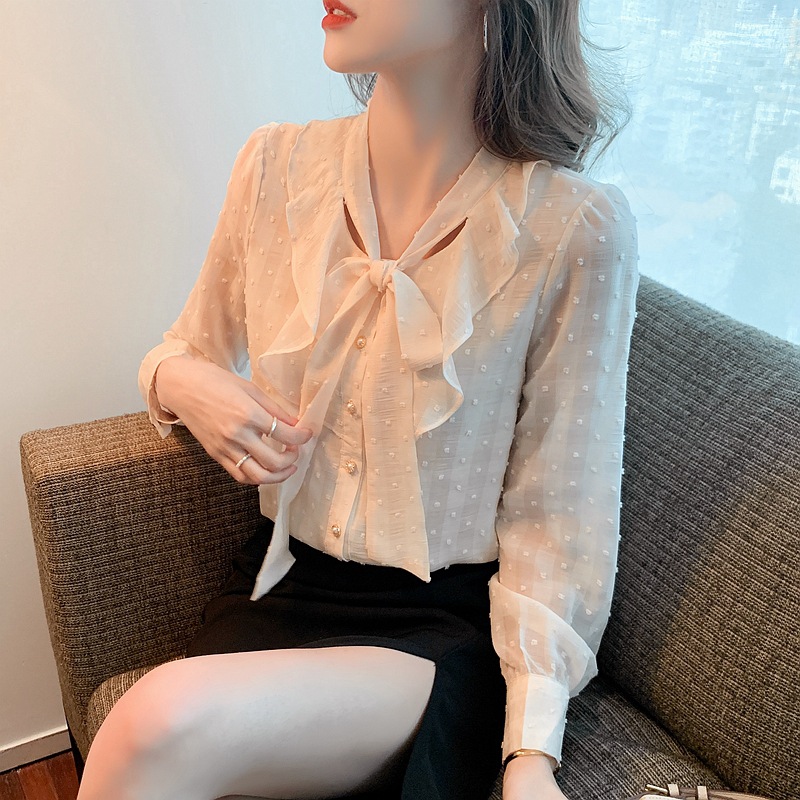 Chiffon Shirt Female Spring New Design Sense Small minority Shirt Bow Lotus Side length Sleeve Jacket  雪纺衬衫女春季新款设计感小众衬衣蝴蝶结荷叶边长袖上衣 Chiffon Shirt Female Spring New Design Sense Small minority Shirt Bow Lotus Side length Sleeve Jacket 