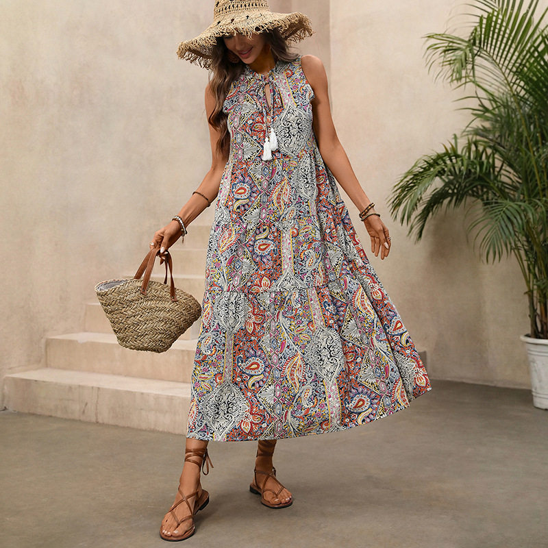 Vintage Bohemian Print Sleeveless Dress Stand Collar Drawstring Waist Relaxed Fit Perfect for Summer Vacations