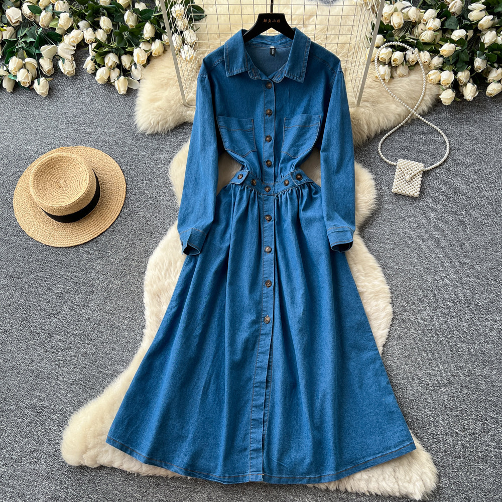 Summer Womens Denim Shirt Dress Long Sleeve Waist Defining A Line Silhouette Elegant Casual Style Wholesale