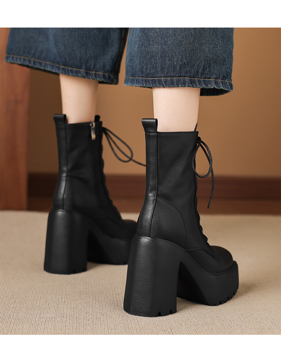 Boot nữ cổ ngắn da bò thật gót thô 12cm phong cách Anh Quốc — Lớp lót đơn màu đen, Lót nhung đen