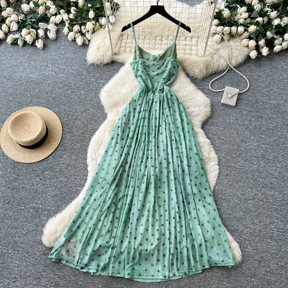 French Vacation Style Green Polka Dot Maxi Dress for Women High Waist Slim Fit Summer Essential Wholesale Available