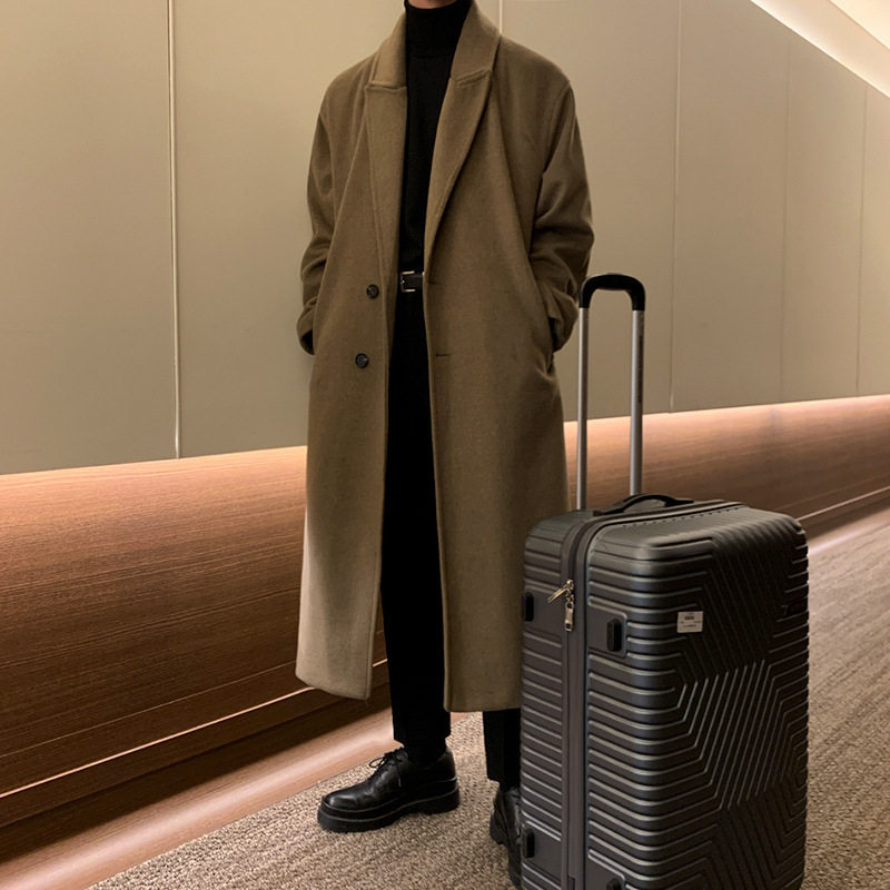 Mens Wool Overcoat Thick Warm Fabric Loose Fit Knee Length Vintage Style for Autumn Winter