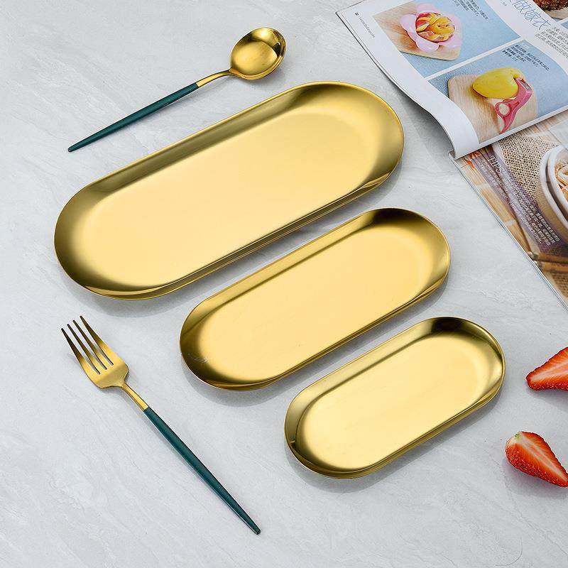 Nordic ins Plate Stainless Steel Oval Plate Golden Tray Western Dim Sum Jewelry Storage Metal Plate Cross-Border