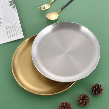 Stainless Steel Round Plate Barbecue Plate Golden Tray Western Food Plate Fruit Plate Shallow Snack Plate Bone Plate Korean Tableware