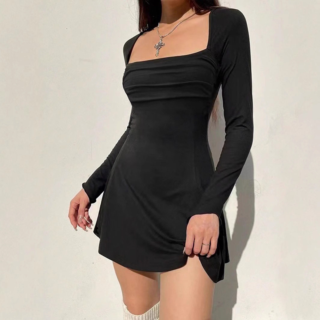 Elegant Black Square Neck Long Sleeve Dress Versatile Casual Style for Spring Summer Wholesale Available