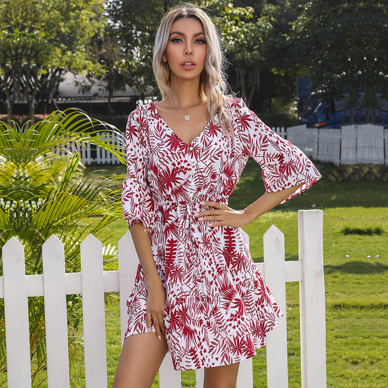 Tropical Print Short Sleeve Dress Summer Vacation Style Womens Casual Wear Wholesale Available